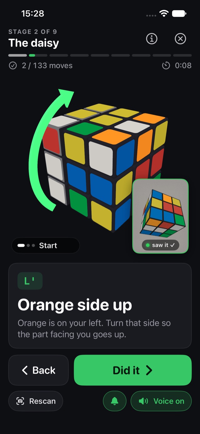 A coaching step: Orange side up, with a 3D preview of the turn